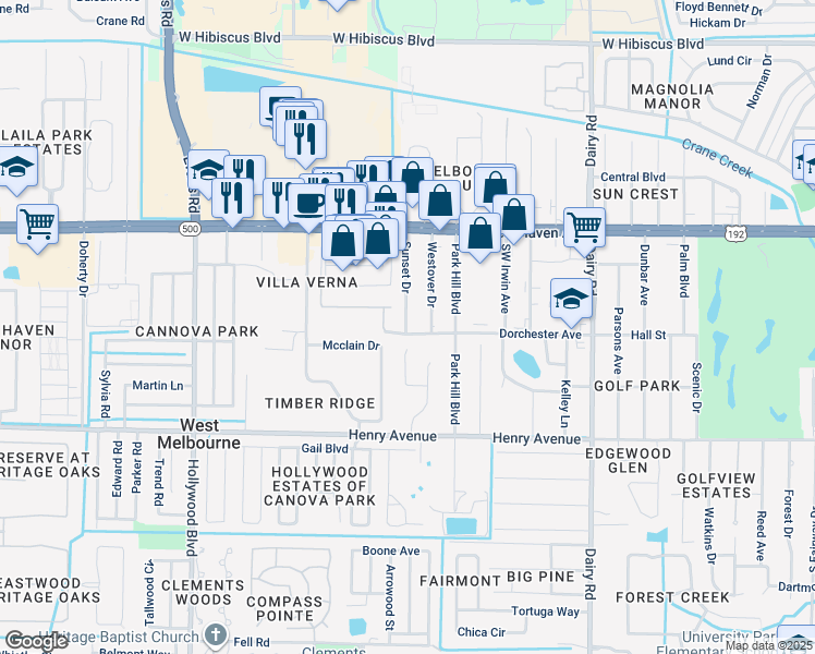 map of restaurants, bars, coffee shops, grocery stores, and more near 177 Westover Drive in Melbourne