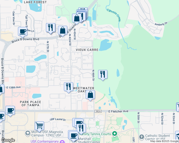 map of restaurants, bars, coffee shops, grocery stores, and more near 4421 Winding Moss Trail in Tampa