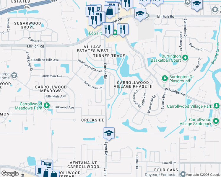 map of restaurants, bars, coffee shops, grocery stores, and more near 14104 Village View Drive in Tampa