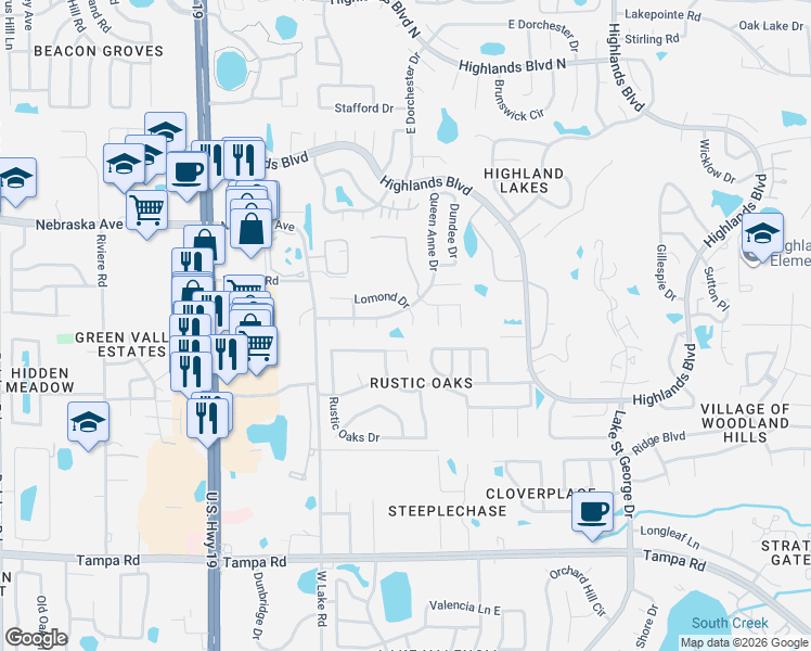 map of restaurants, bars, coffee shops, grocery stores, and more near 2863 Lomond Drive in Palm Harbor