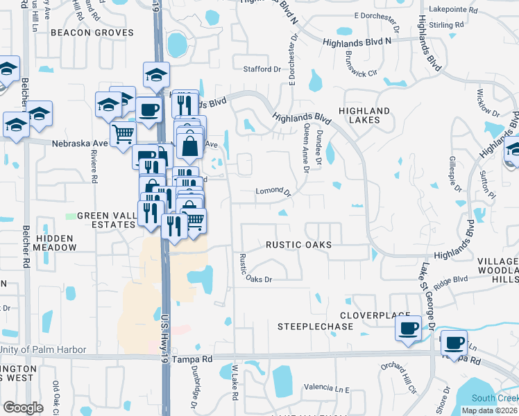 map of restaurants, bars, coffee shops, grocery stores, and more near 1024 Brae Court in Palm Harbor