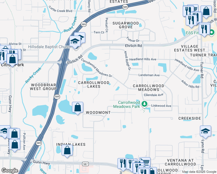 map of restaurants, bars, coffee shops, grocery stores, and more near 13902 Bittersweet Way in Tampa