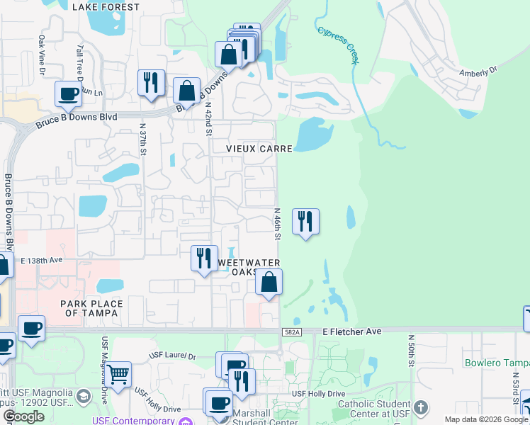 map of restaurants, bars, coffee shops, grocery stores, and more near 4421 Winding Moss Trail in Tampa