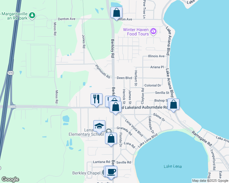 map of restaurants, bars, coffee shops, grocery stores, and more near 1246 County Road 655 in Auburndale