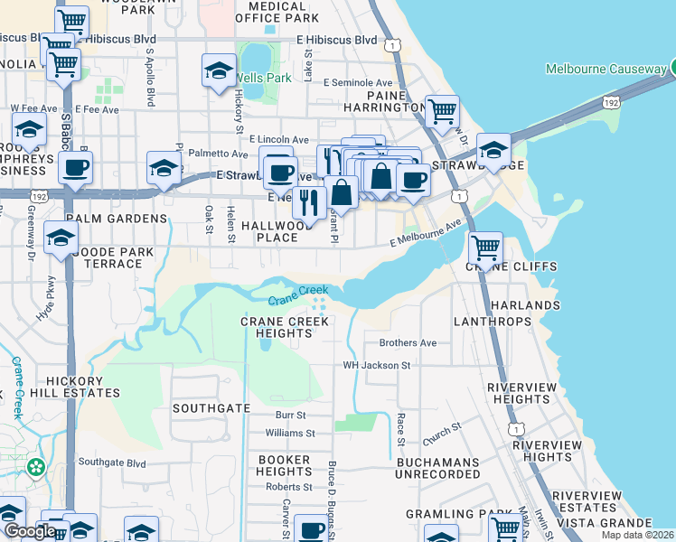 map of restaurants, bars, coffee shops, grocery stores, and more near 2206 Grant Place in Melbourne