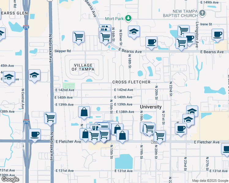 map of restaurants, bars, coffee shops, grocery stores, and more near 14004 North 15th Street in Tampa