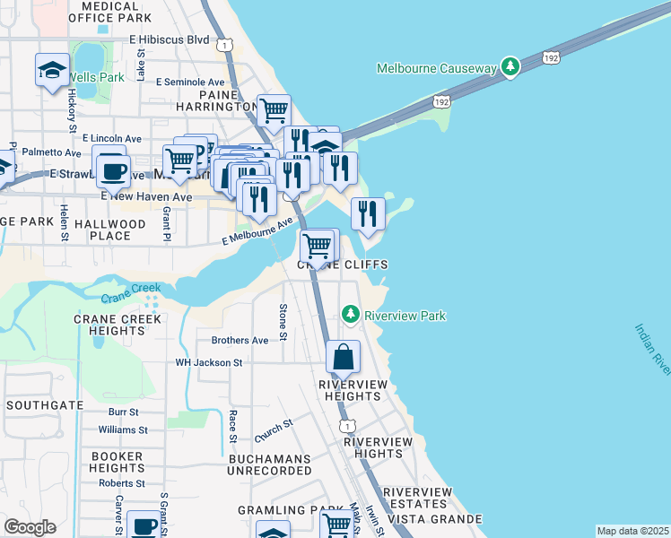 map of restaurants, bars, coffee shops, grocery stores, and more near 1207 East River Drive in Melbourne