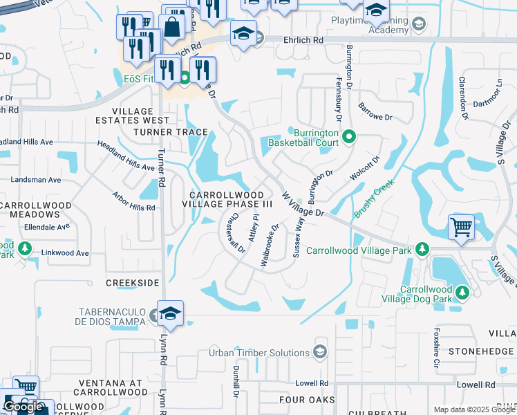 map of restaurants, bars, coffee shops, grocery stores, and more near 13733 Chestersall Drive in Tampa