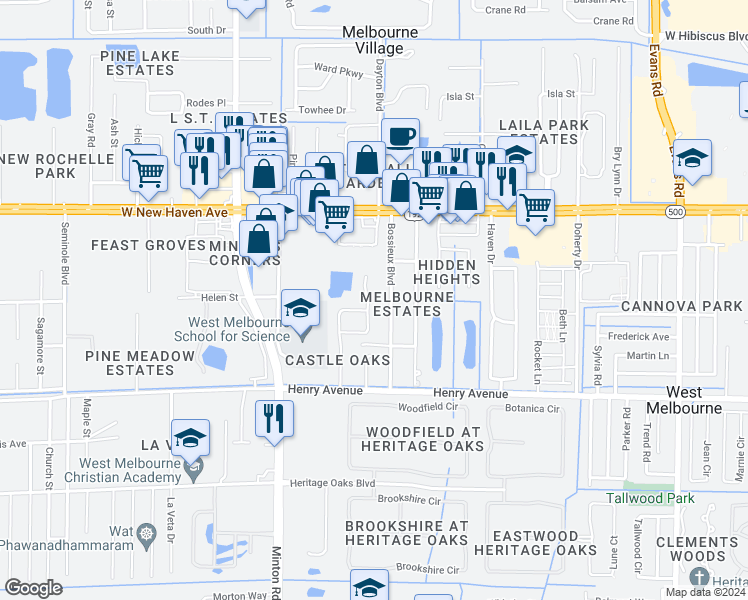 map of restaurants, bars, coffee shops, grocery stores, and more near 141 Athey Court in West Melbourne