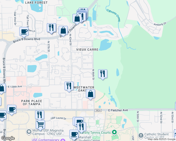 map of restaurants, bars, coffee shops, grocery stores, and more near 4411 Shady Terrace Lane in Tampa