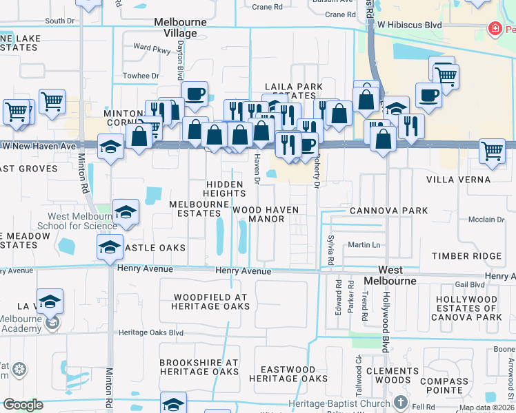 map of restaurants, bars, coffee shops, grocery stores, and more near 161 East Haven Drive in West Melbourne