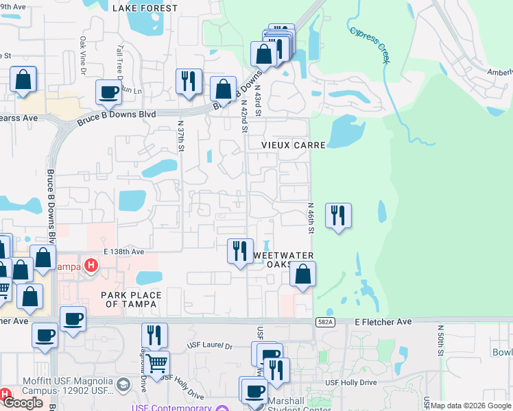 map of restaurants, bars, coffee shops, grocery stores, and more near 4209 Winding Moss Trail in Tampa