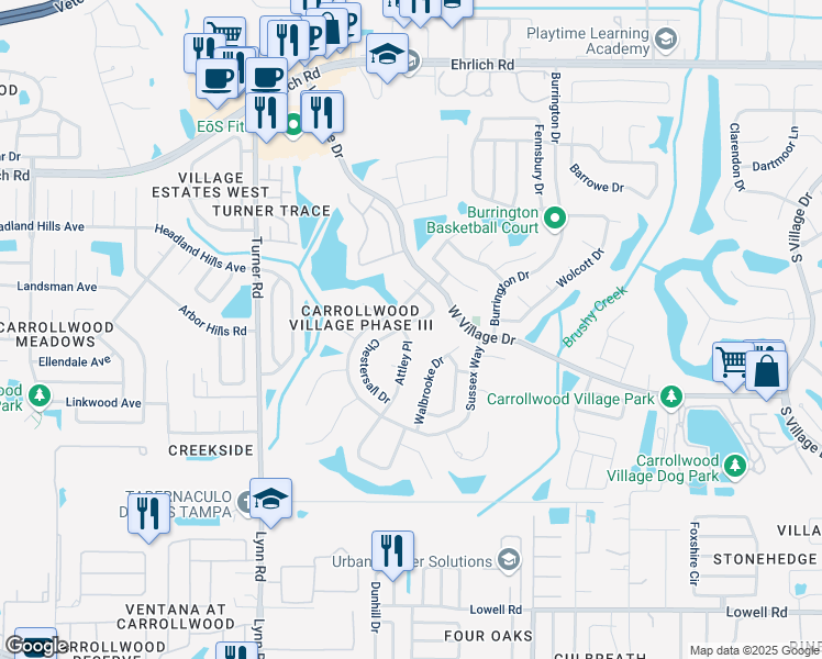 map of restaurants, bars, coffee shops, grocery stores, and more near 13733 Chestersall Drive in Tampa