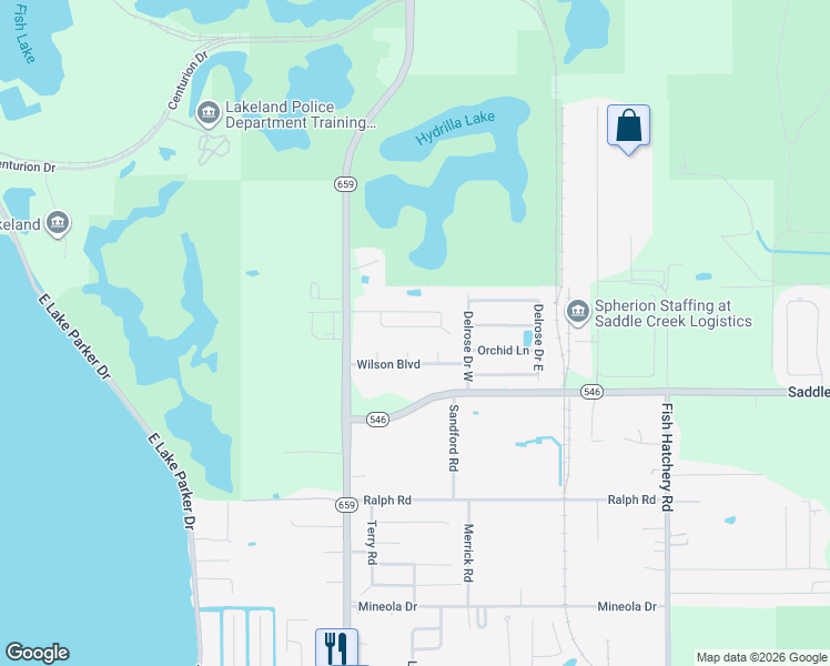 map of restaurants, bars, coffee shops, grocery stores, and more near 2735 Gale Rose Drive in Lakeland