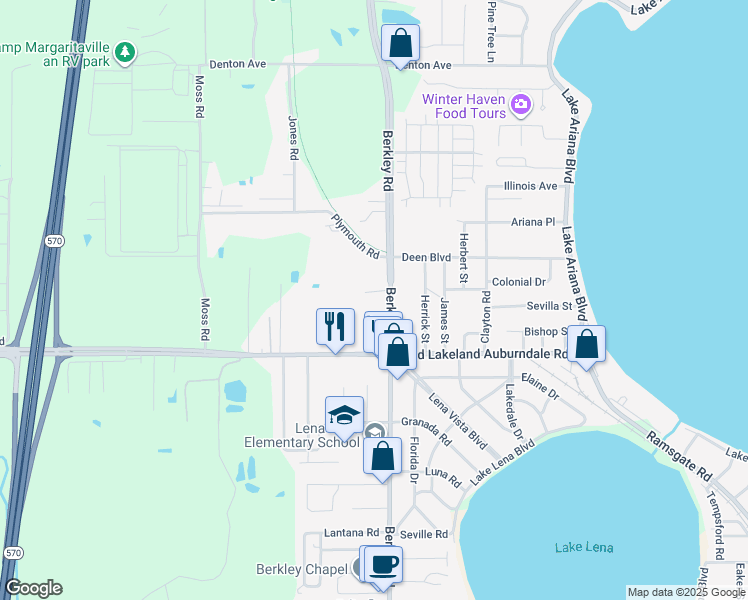 map of restaurants, bars, coffee shops, grocery stores, and more near 1246 County Road 655 in Auburndale