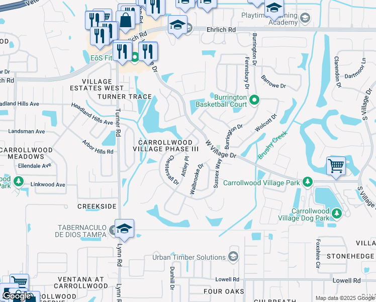 map of restaurants, bars, coffee shops, grocery stores, and more near 13733 Chestersall Drive in Tampa