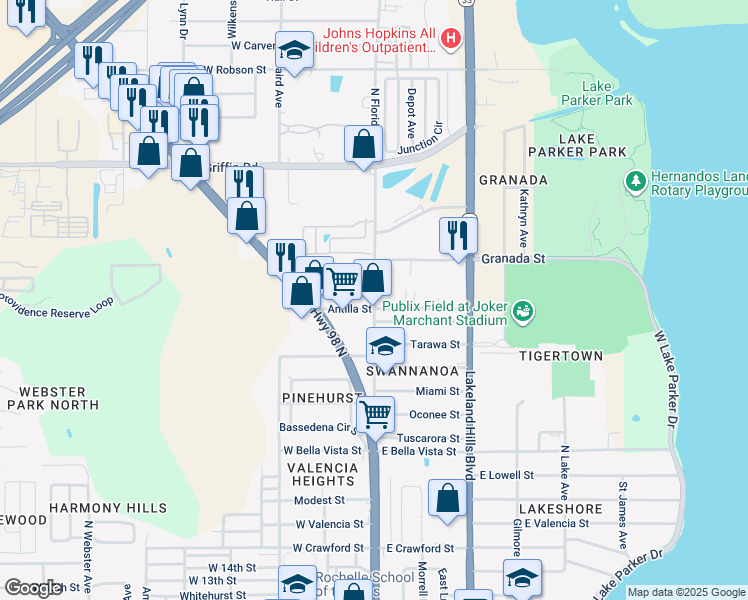 map of restaurants, bars, coffee shops, grocery stores, and more near 2500 North Florida Avenue in Lakeland