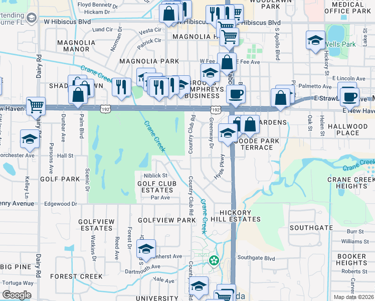 map of restaurants, bars, coffee shops, grocery stores, and more near 2208 Country Club Road in Melbourne