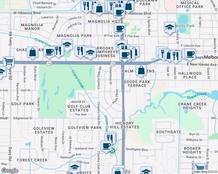 map of restaurants, bars, coffee shops, grocery stores, and more near 2206 Greenway Drive in Melbourne