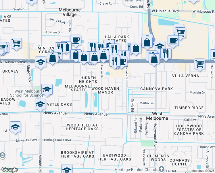 map of restaurants, bars, coffee shops, grocery stores, and more near 161 East Haven Drive in West Melbourne