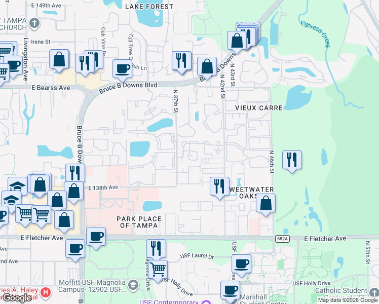 map of restaurants, bars, coffee shops, grocery stores, and more near Monterey Pines Drive in Tampa