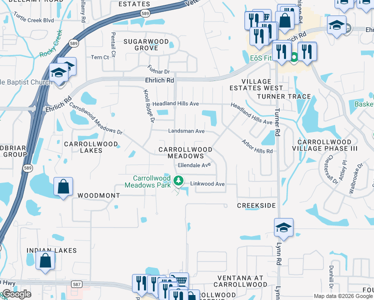 map of restaurants, bars, coffee shops, grocery stores, and more near 14103 Lonewood Place in Tampa