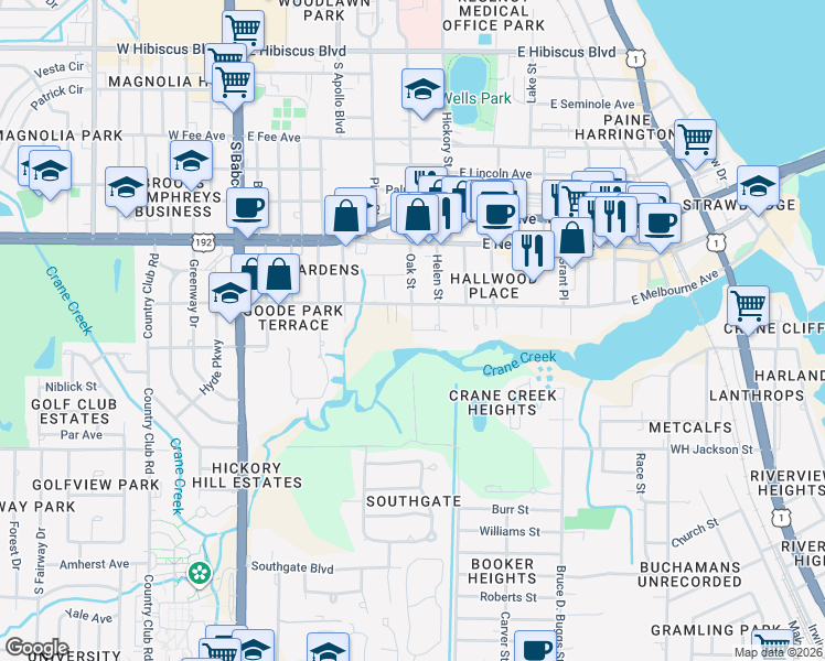 map of restaurants, bars, coffee shops, grocery stores, and more near 3717 Oak Street in Melbourne