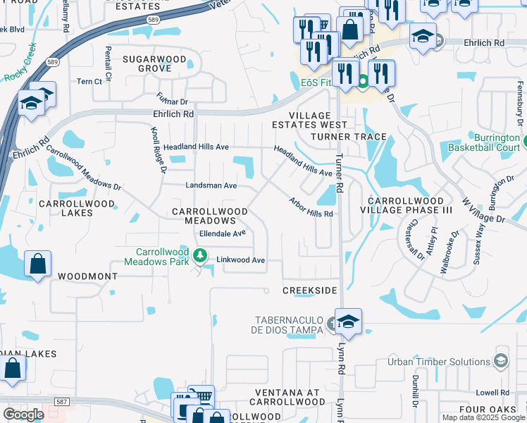 map of restaurants, bars, coffee shops, grocery stores, and more near 13925 Pathfinder Drive in Tampa