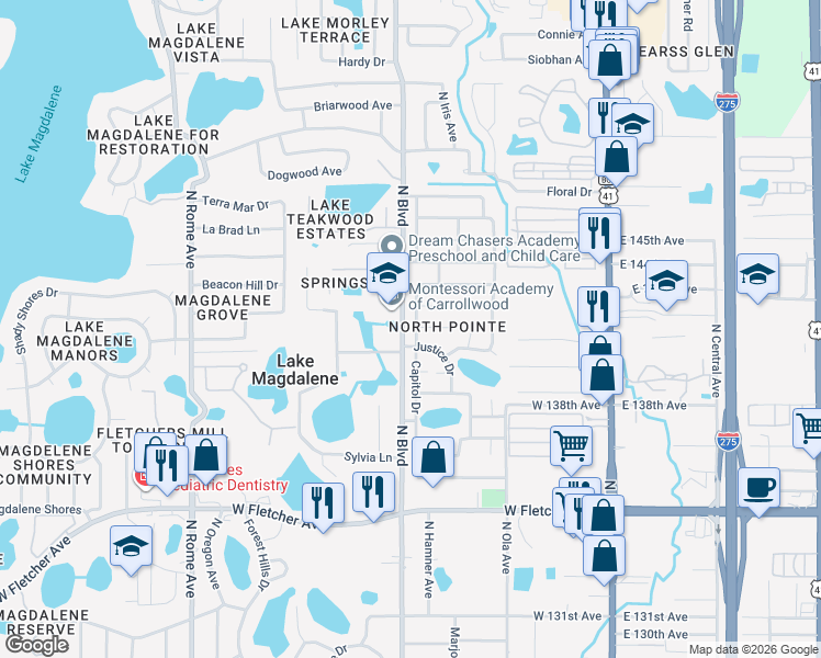 map of restaurants, bars, coffee shops, grocery stores, and more near 14006 Capitol Drive in Tampa