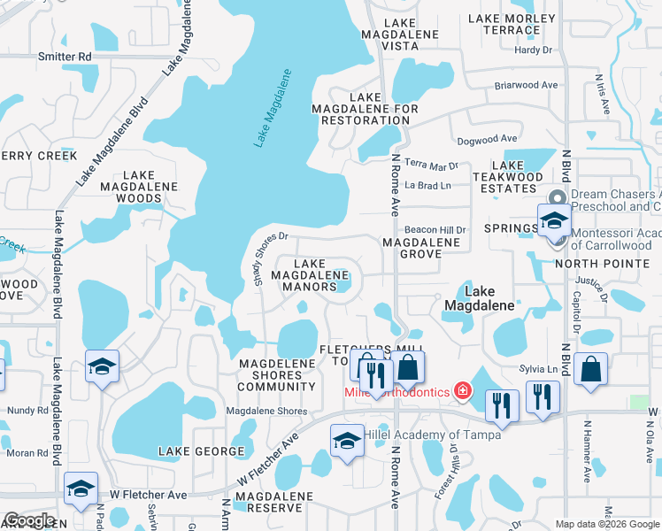 map of restaurants, bars, coffee shops, grocery stores, and more near 1713 Magdalene Manor Drive in Tampa