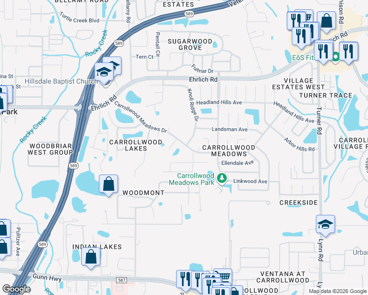 map of restaurants, bars, coffee shops, grocery stores, and more near 5490 Carrollwood Meadows Drive in Tampa