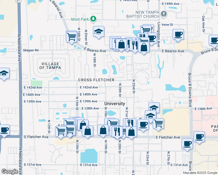 map of restaurants, bars, coffee shops, grocery stores, and more near 1901 East 142nd Avenue in Tampa