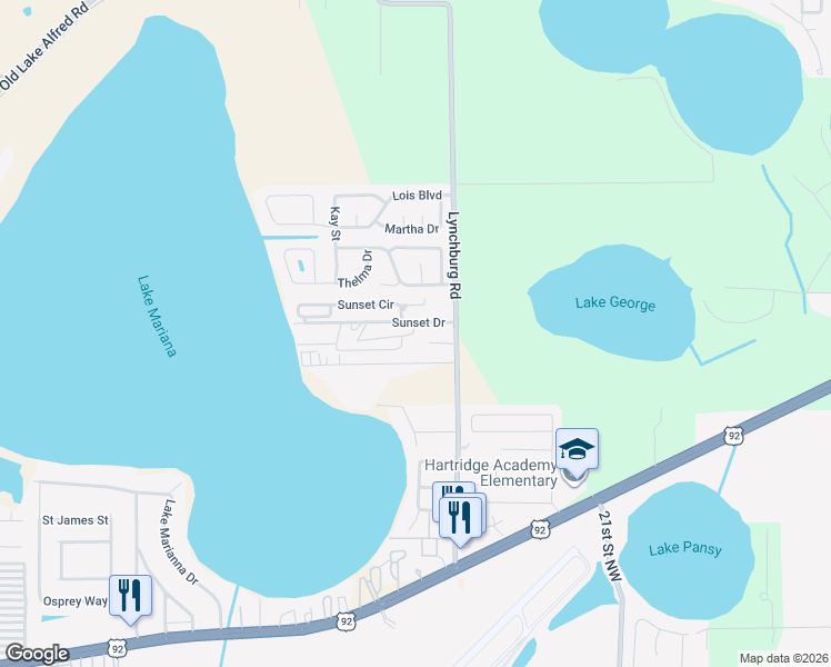 map of restaurants, bars, coffee shops, grocery stores, and more near 2191 Hemlock Lane in Lake Alfred