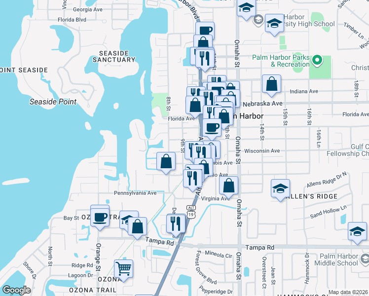 map of restaurants, bars, coffee shops, grocery stores, and more near 921 Wisconsin Avenue in Palm Harbor