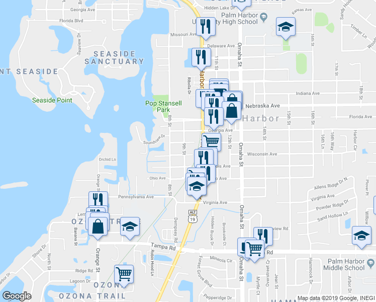map of restaurants, bars, coffee shops, grocery stores, and more near 921 Wisconsin Ave in Palm Harbor
