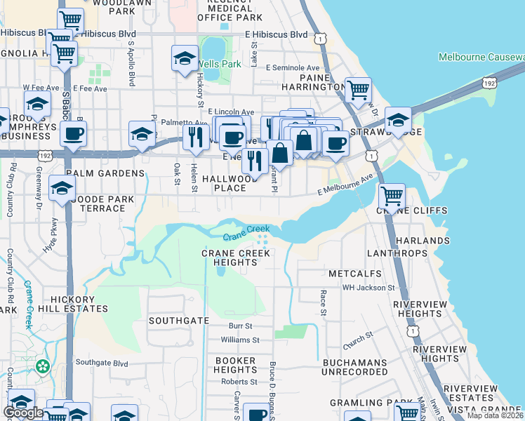 map of restaurants, bars, coffee shops, grocery stores, and more near 625 East Melbourne Avenue in Melbourne