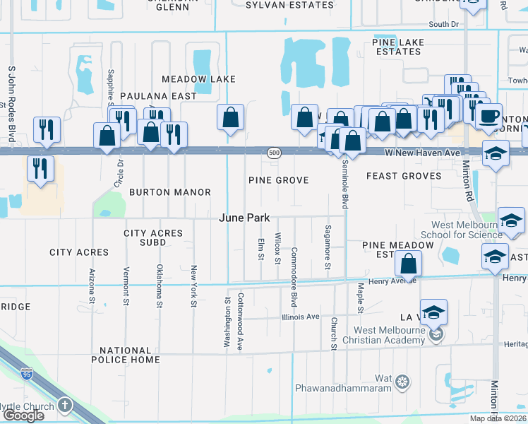 map of restaurants, bars, coffee shops, grocery stores, and more near 3730 Miami Avenue in West Melbourne