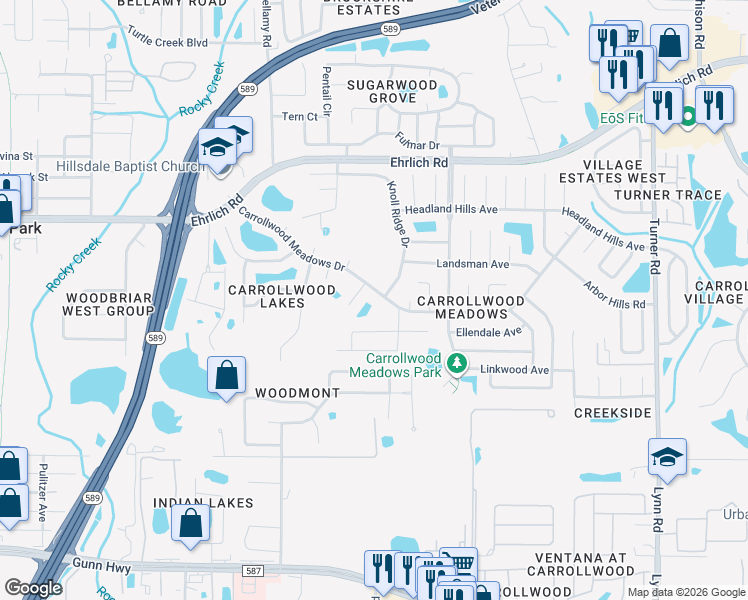 map of restaurants, bars, coffee shops, grocery stores, and more near 5490 Carrollwood Meadows Drive in Tampa
