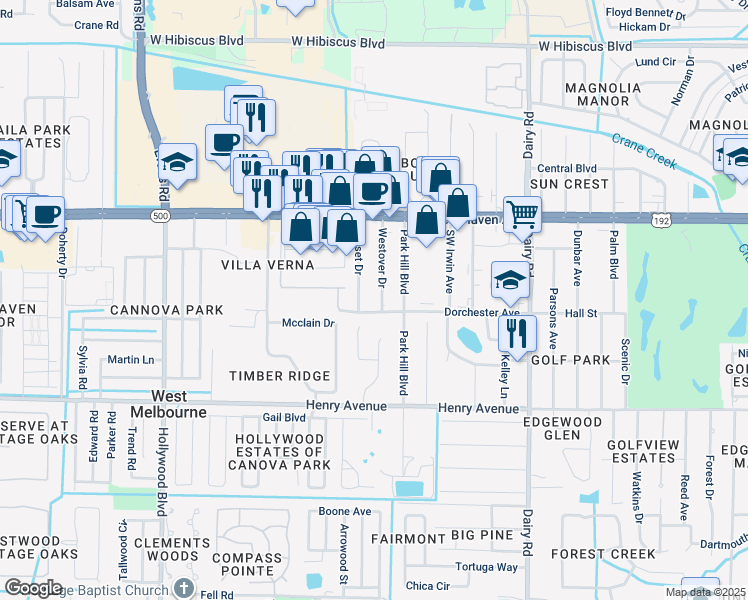 map of restaurants, bars, coffee shops, grocery stores, and more near 177 Westover Drive in Melbourne