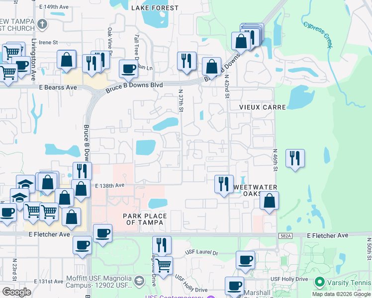 map of restaurants, bars, coffee shops, grocery stores, and more near 3744 Cambridge Woods Drive in Tampa