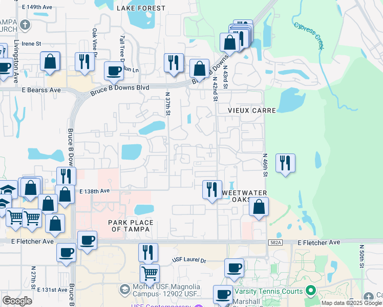 map of restaurants, bars, coffee shops, grocery stores, and more near 14164 Monterey Pines Drive in Tampa