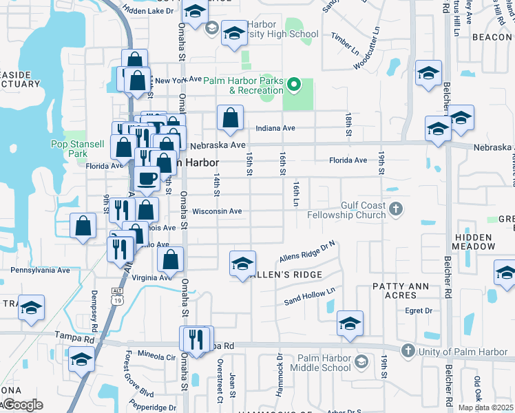 map of restaurants, bars, coffee shops, grocery stores, and more near 1509 Wisconsin Avenue in Palm Harbor