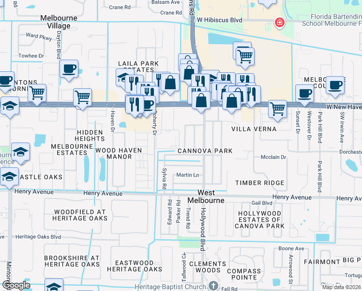 map of restaurants, bars, coffee shops, grocery stores, and more near 172 Virginia Road in Melbourne