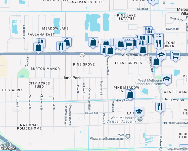 map of restaurants, bars, coffee shops, grocery stores, and more near 3550 Miami Avenue in Melbourne