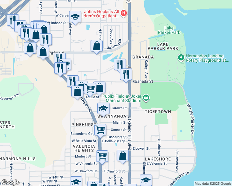 map of restaurants, bars, coffee shops, grocery stores, and more near 232 Antilla Street in Lakeland