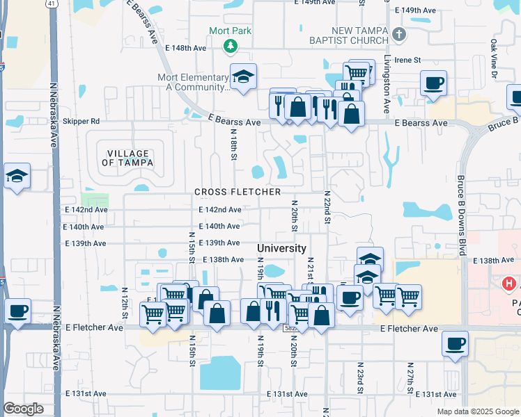 map of restaurants, bars, coffee shops, grocery stores, and more near 1901 East 142nd Avenue in Tampa