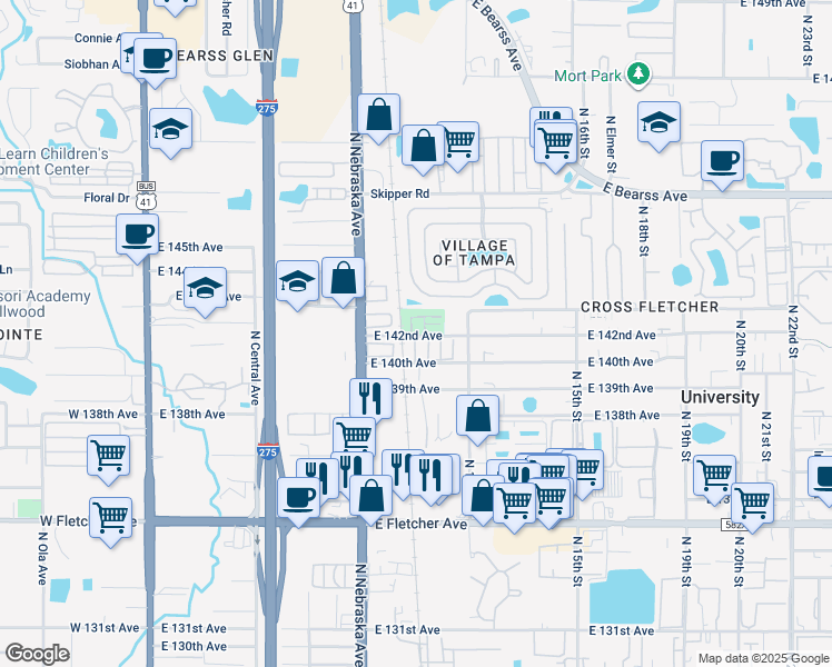 map of restaurants, bars, coffee shops, grocery stores, and more near 17a East 142nd Avenue in Tampa