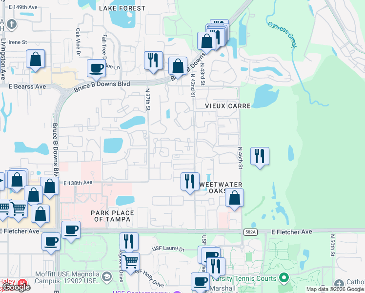 map of restaurants, bars, coffee shops, grocery stores, and more near 14203 Shiloh Woods Court in Tampa