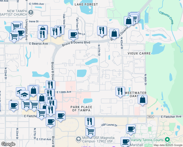 map of restaurants, bars, coffee shops, grocery stores, and more near 14226 Cyber Place in Tampa