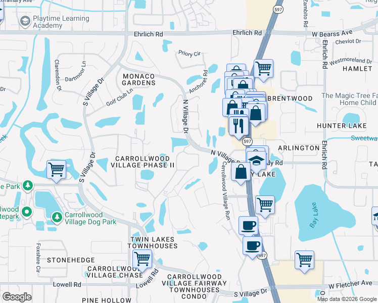 map of restaurants, bars, coffee shops, grocery stores, and more near 4147 Courtside Way in Tampa